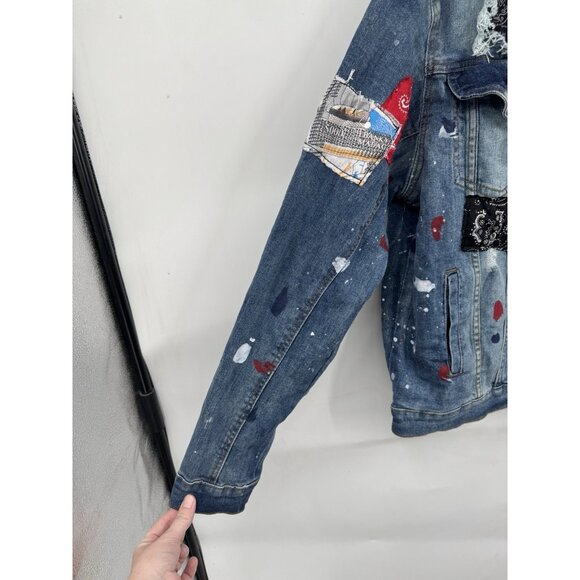 FWRD Patchwork Grunge Paint Splatter Jean Jacket Women XL Blue Skater Retro Y2K - Picture 10 of 10